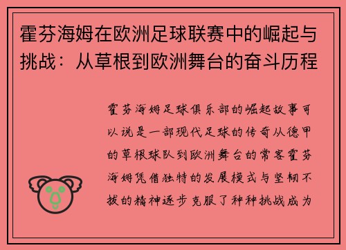 霍芬海姆在欧洲足球联赛中的崛起与挑战：从草根到欧洲舞台的奋斗历程